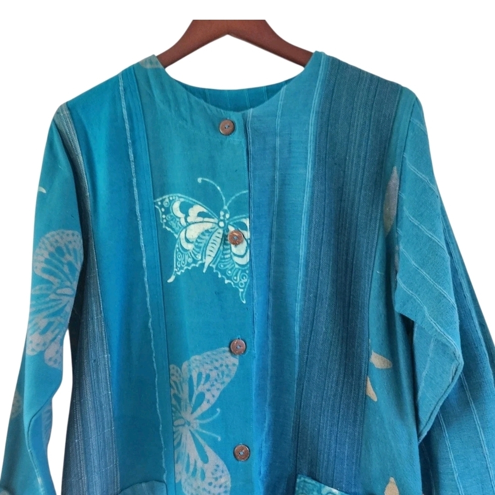 Wild Thing Wild Woman Cotton Button Long Jacket Blue Butterfly Size S M Pockets - Picture 2 of 9
